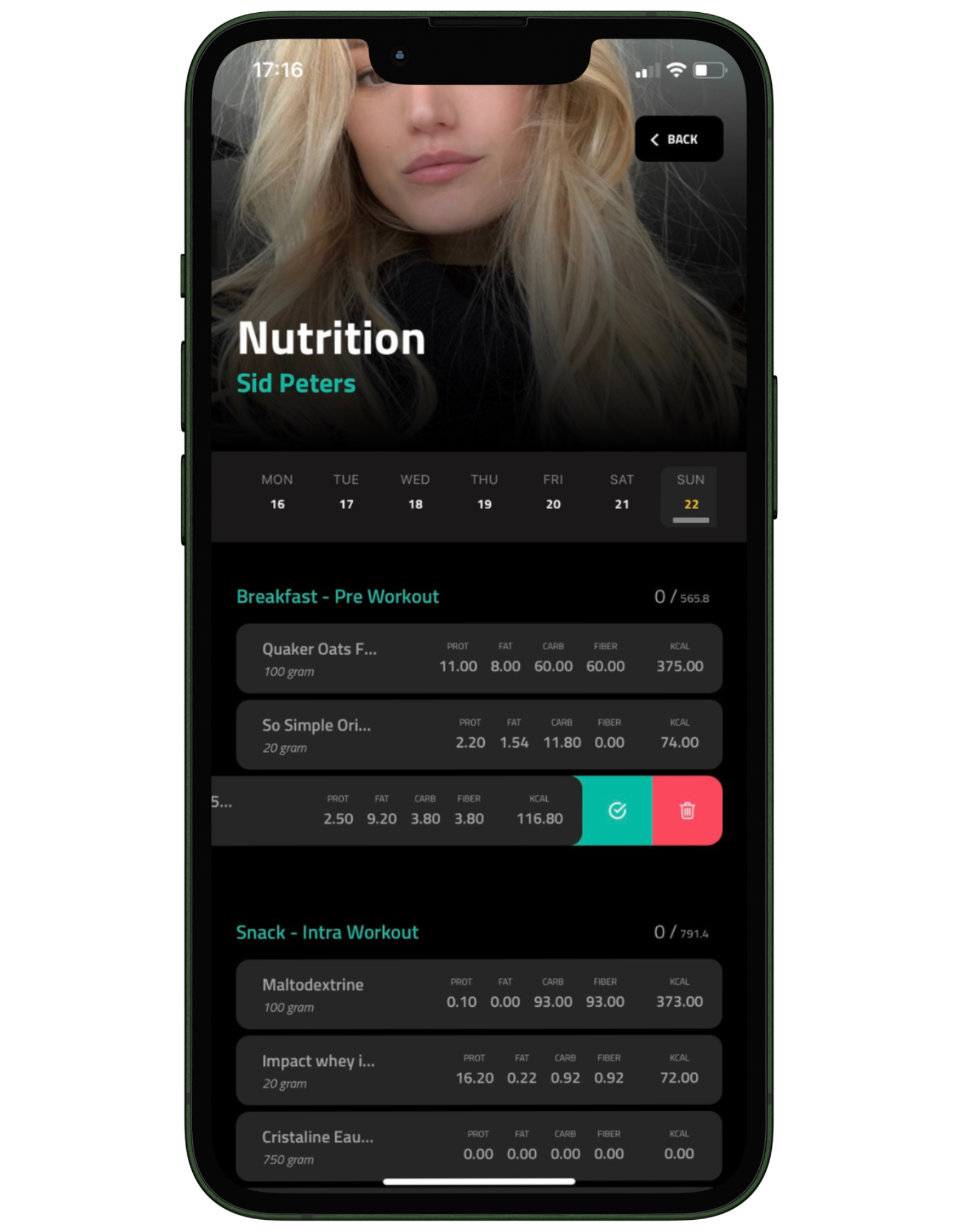 Nutrition feature which allows trainers to make nutrition plans