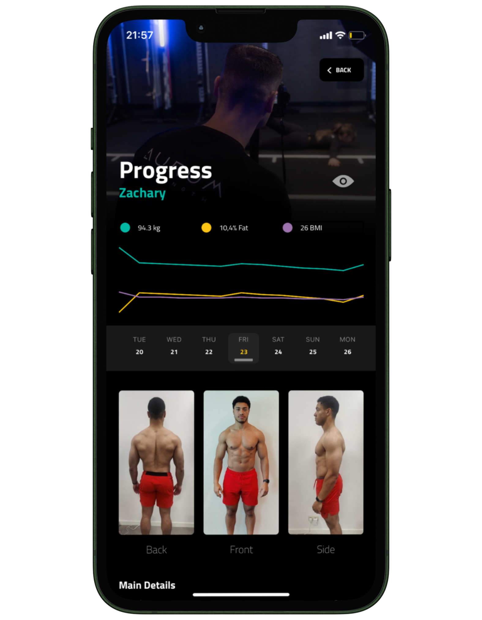 Progress tracking through progress photos, bodyfat calculations, skinfold measurements, weight, BMI, …